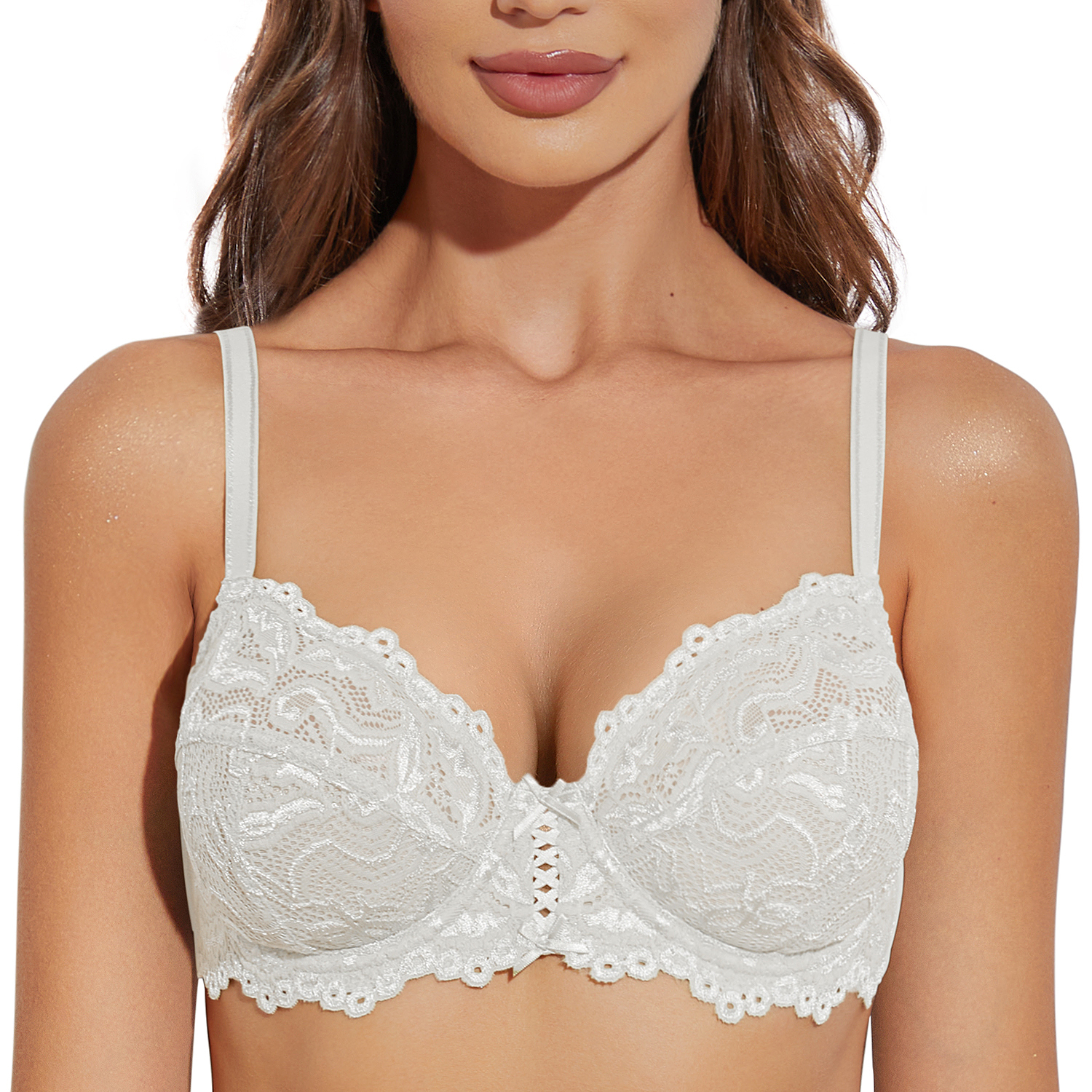Deyllo Women's Push up Lace Bra Unlined Plus Size Wired Support Unpadded See-Though Bra, White 36C
